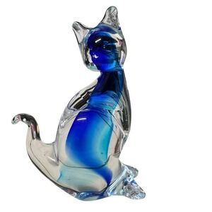 Vtg Classic Murano‎ 5" Blown Art Glass Cat Figurine Blue Paper Weight Blue